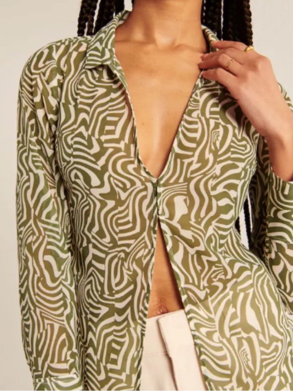 Abercrombie & Fitch Sheer Olive & White Abstract Long Sleeve Top